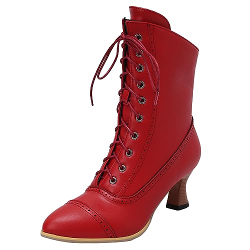 SJJH Vintage Damen Stiefeletten mit Spitzer Zehenpartie und Kegelförmigen Absätzen (Rot, 35) von SJJH