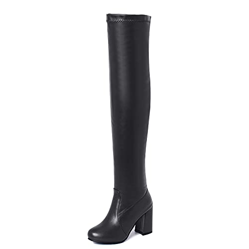 SJJH Warme Damen Overknee-Stiefel mit Chunky Heel und Reißverschluss (PU Schwarz, 44EU) von SJJH