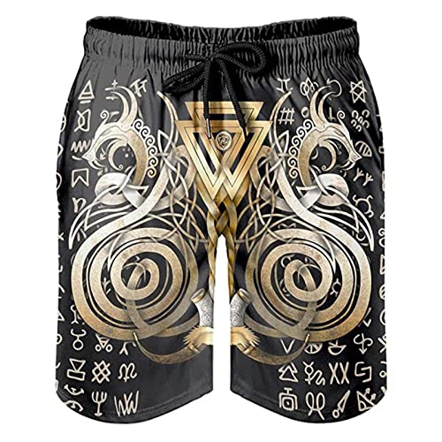 Herren Strandshorts Badehose Viking Valknut Dragon Netzfutter Laufshorts Verstellbarer Kordelzug Seitentaschen (Color : Black, Size : L) von SJJMYM