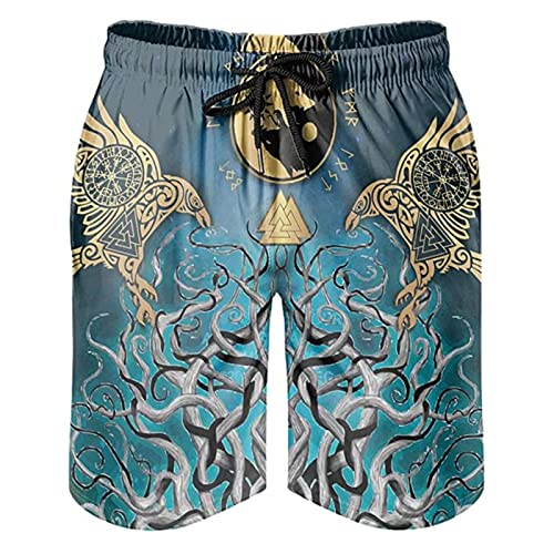 Viking Rave Badehose Herren Badeshorts Kurz Schnell Trocknend Strandshorts Boardshorts Strand Freizeitshorts (Color : Green, Size : L) von SJJMYM