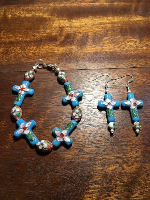 Cloissone Kreuz Armband Und Ohrringe Set von SJMarsStudio