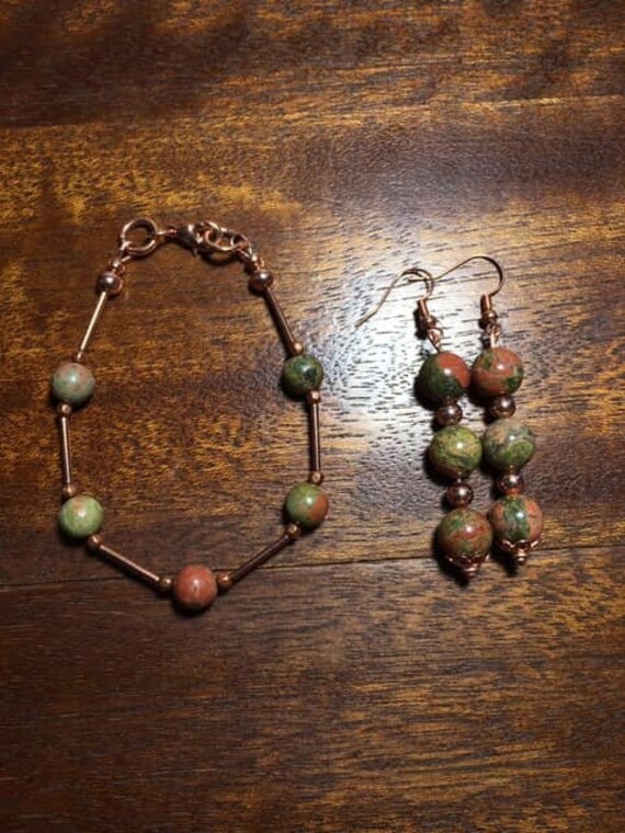 Unakit Und Kupfer/Messing Armband Ohrringe Set von SJMarsStudio