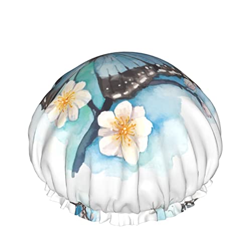 Aquarell Blau Schmetterling Blume Pflaume Zweig Duschhaube Für Frauen Schichten Baden Dusche Wiederverwendbare Gummiband Stretch Hem Haar Hut von SJOAOAA