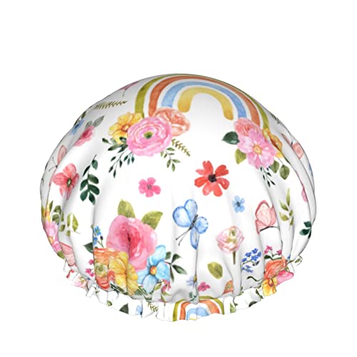 Aquarell Blume Regenbogen Duschhaube Für Frauen, Schichten Baden Dusche Wiederverwendbare Gummiband Stretch Hem Haar Hut von SJOAOAA
