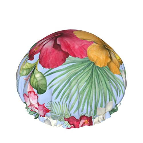 Aquarell Palmblätter und Blumen Duschhaube für Frauen, Schichten Baden Dusche Wiederverwendbare Gummiband Stretch Hem Haar Hut von SJOAOAA