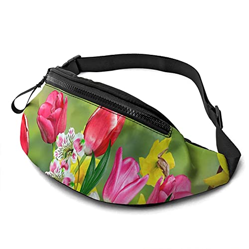 Bauchtasche für Männer Frauen, Frühling Narzissen und Tulpen Hüfttasche mit Gürtel Verstellbare Sling Pocket Crossbody Umhängetasche Brusttasche für Reisen Wandern Radfahren Laufen, Siehe Abbildung, von SJOAOAA