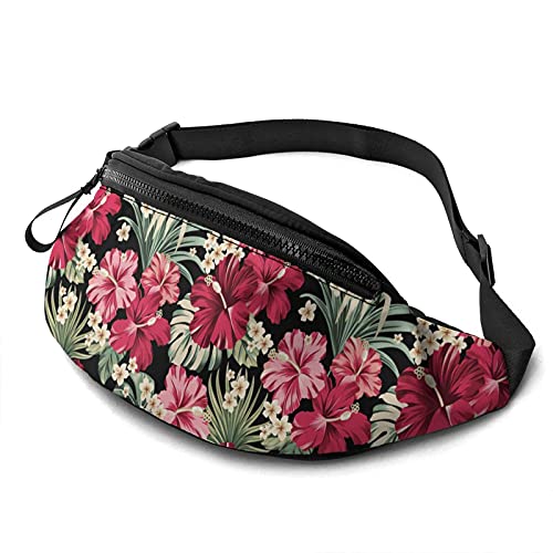 Bauchtasche für Männer Frauen, Hibiskus Blumen und Palme Taille Pack Tasche mit Gürtel Verstellbare Sling Pocket Crossbody Umhängetasche Brusttasche für Reisen Wandern Radfahren Laufen, Siehe von SJOAOAA