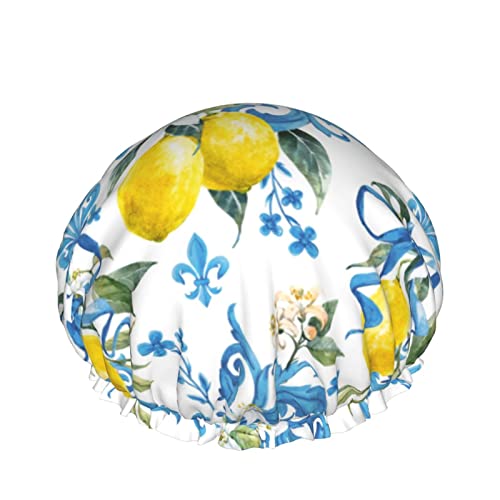 Duschhaube mit Aquarell-Zitronen-weißen Blumen für Frauen, Schichten, Baden, Dusche, wiederverwendbar, elastisches Band, Stretch-Saum, Haarhut von SJOAOAA