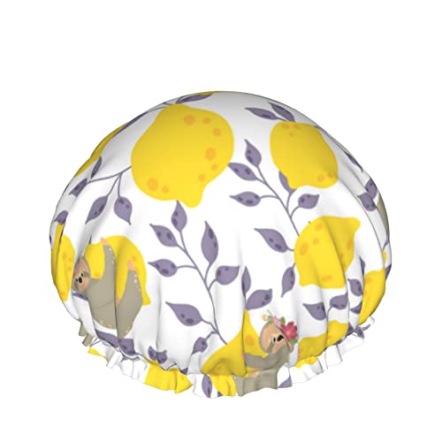 Duschhaube mit Faultier-Zitronen-Blumenmuster für Frauen, mehrlagig, Badedusche, wiederverwendbares elastisches Band, Stretch-Saum, Haarhut von SJOAOAA