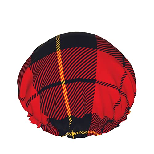 Duschhaube mit Schottenkaro, für Damen, wiederverwendbar, elastisches Band, elastisch, elastisch, Rot / Schwarz / Gelb von SJOAOAA