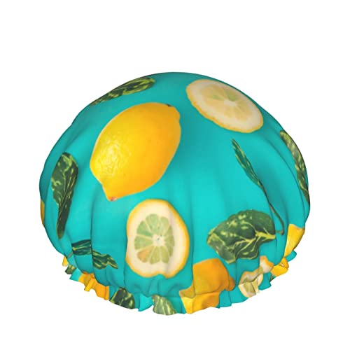 Duschhaube mit Zitronen- und grünen Blättern auf blauem Hintergrund, für Frauen, Schichten, Baden, Dusche, wiederverwendbar, elastisches Band, Stretch-Saum, Haarhut von SJOAOAA