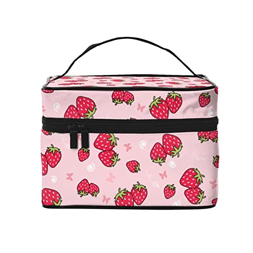 Erdbeer-Make-up-Tasche, Rosa, tragbare Reise-Kosmetiktasche, Kulturbeutel für Frauen und Mädchen, Erdbeere und Schmetterling, Einheitsgröße von SJOAOAA