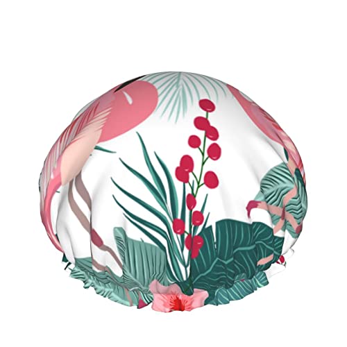 Flamingo-Duschhaube mit tropischen Blättern für Frauen, Schichten, Baden, Dusche, wiederverwendbar, elastisches Band, Stretch-Saum, Haarhut von SJOAOAA