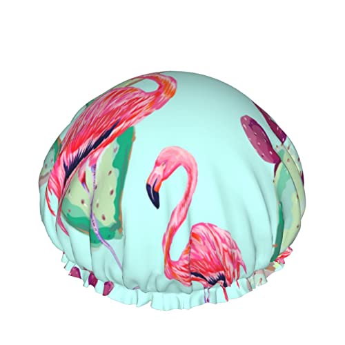 Flamingo-Kaktus-Duschhaube für Frauen, Schichten, Baden, Dusche, wiederverwendbar, elastisches Band, Stretch-Saum, Haarhut von SJOAOAA