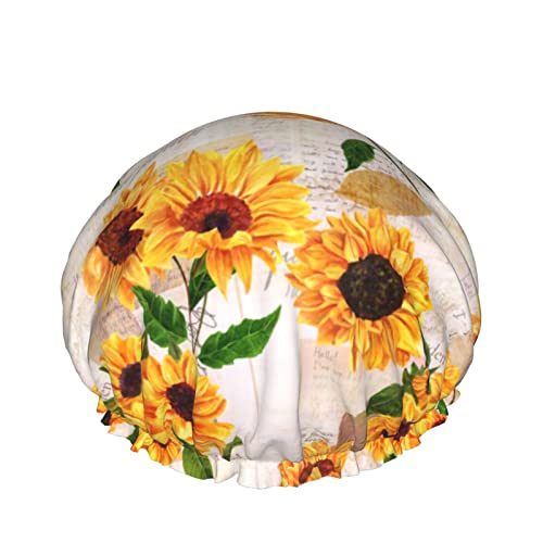 Gelbe Aquarell Sonnenblumen auf alten Buchstaben Duschhaube Für Frauen, Schichten Baden Dusche Wiederverwendbare Gummiband Stretch Hem Haar Hut von SJOAOAA