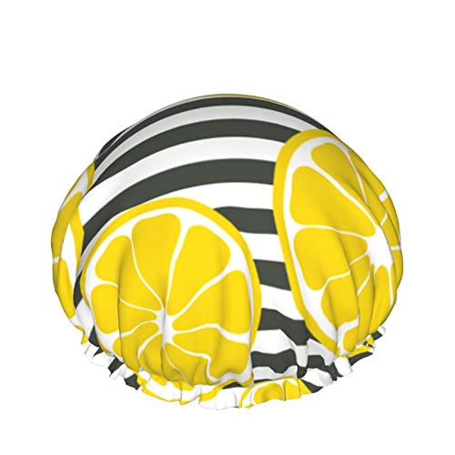 Gelbe Zitronen-schwarze Streifen-Duschhaube für Frauen, Schichten, Baden, Dusche, wiederverwendbar, elastisches Band, Stretch-Saum, Haarhut von SJOAOAA