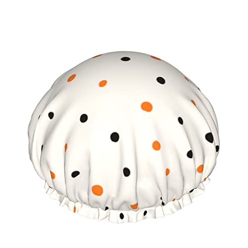 Halloween Hand gezeichnete orange und schwarze Polka Dots Duschhaube für Frauen, Schichten Baden Dusche Wiederverwendbare Gummiband Stretch Hem Haar Hut von SJOAOAA