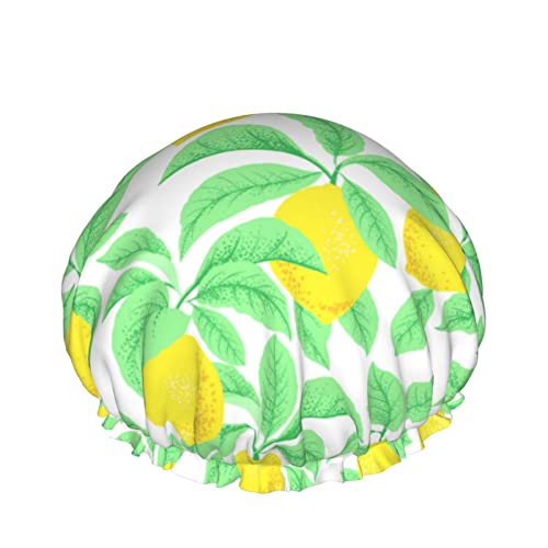 Handgezeichnete Duschhaube mit Zitronen- und grünen Blättern für Frauen, Schichten, Baden, Dusche, wiederverwendbar, elastisches Band, Stretch-Saum, Haarhut von SJOAOAA
