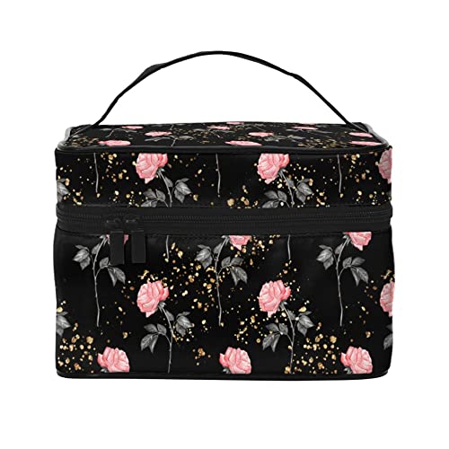 Kosmetiktasche, Organizer, Blumenmuster, Rosa, Rosen, Schwarz, tragbare Künstler-Aufbewahrungsbox, Reise-Make-up-Tasche für Frauen und Mädchen, Blumenmuster Rosa Rosen Schwarz, Einheitsgröße von SJOAOAA