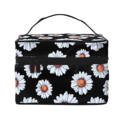 Kosmetiktasche, Organizer, Blumenmuster, Rosa, Rosen, Schwarz, tragbare Künstler-Aufbewahrungsbox, Reise-Make-up-Tasche für Frauen und Mädchen, Weiße Gänseblümchen auf Schwarz, Einheitsgröße von SJOAOAA