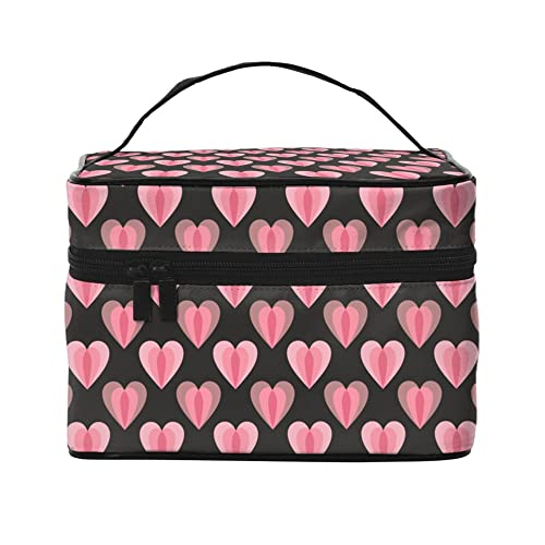 Kosmetiktasche, Organizer, Liebesherz, Gänseblümchen, tragbare Künstler-Aufbewahrungsbox, Reise-Make-up-Tasche für Frauen und Mädchen, Rosa Herz auf Schwarz, Einheitsgröße von SJOAOAA