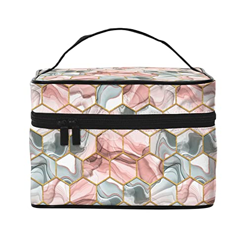 Kosmetiktasche, Organizer, Tinte, sechseckig, grün, tragbar, Künstleraufbewahrung, Reise-Make-up-Tasche für Frauen und Mädchen, Hexagon Abstrakt Rot Grau, Einheitsgröße von SJOAOAA