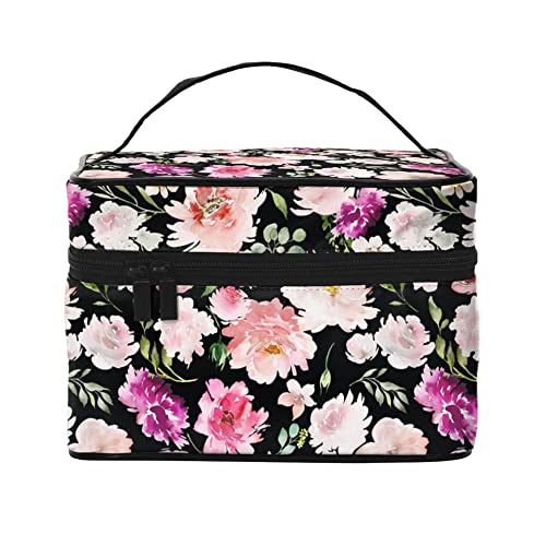 Kosmetiktasche, Organizer, gelbe Blumen auf schwarzer, tragbarer Künstler-Aufbewahrungskoffer, Reise-Make-up-Tasche für Frauen und Mädchen, Aquarell-Blumen auf Schwarz, Einheitsgröße von SJOAOAA