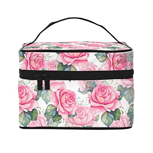 Kosmetiktasche, Organizer, handgezeichnete Pfingstrose, tragbare Künstler-Aufbewahrungsbox, Reise-Make-up-Tasche für Frauen und Mädchen, Wasserfarben mit rosa Rosen, Einheitsgröße von SJOAOAA