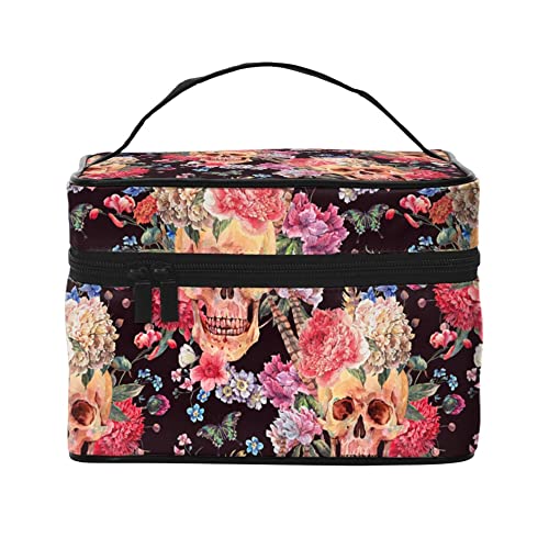 Kosmetiktasche, Organizer, nahtlos, Totenkopf, tragbare Künstler-Aufbewahrungsbox, Reise-Make-up-Tasche für Frauen und Mädchen, Totenkopf mit Blume 4, Einheitsgröße von SJOAOAA