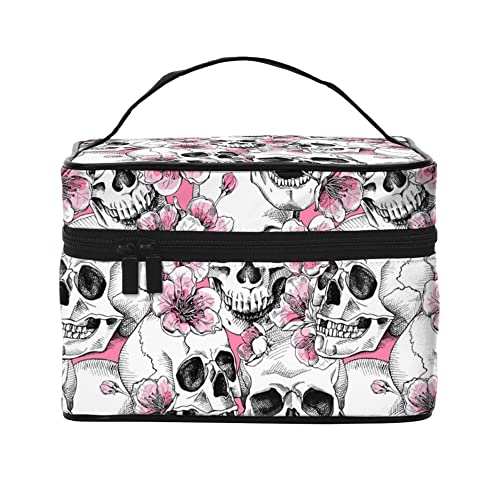 Kosmetiktasche, Organizer, niedliche Katzen, tragbare Künstler-Aufbewahrungsbox, Reise-Make-up-Tasche für Frauen und Mädchen, Rosa Sakura und Totenkopf, Einheitsgröße von SJOAOAA