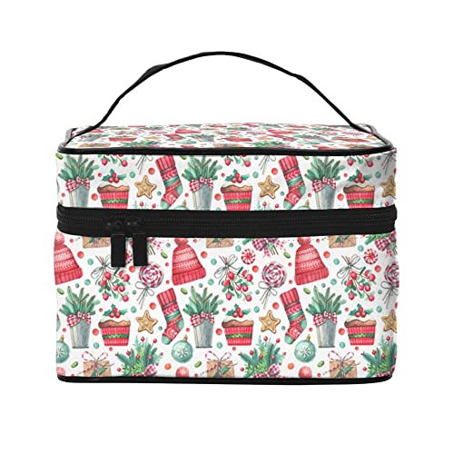 Kosmetiktasche Organizer Grün Rot Weihnachtsbaum Tragbare Künstler Aufbewahrungsbox Reise Make-up Tasche für Frauen Mädchen, Aquarell-Weihnachts-Muster, Einheitsgröße von SJOAOAA