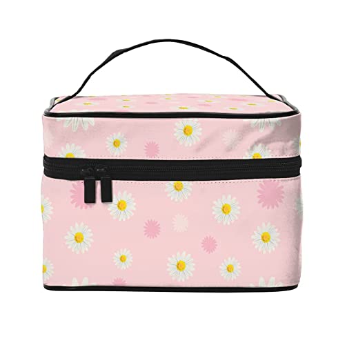 Kosmetiktasche Organizer Kamille Blumen Tragbare Künstler Aufbewahrungsbox Reise Make-up Tasche für Frauen Mädchen, Niedliche Gänseblümchen auf rosa Hintergrund, Einheitsgröße von SJOAOAA