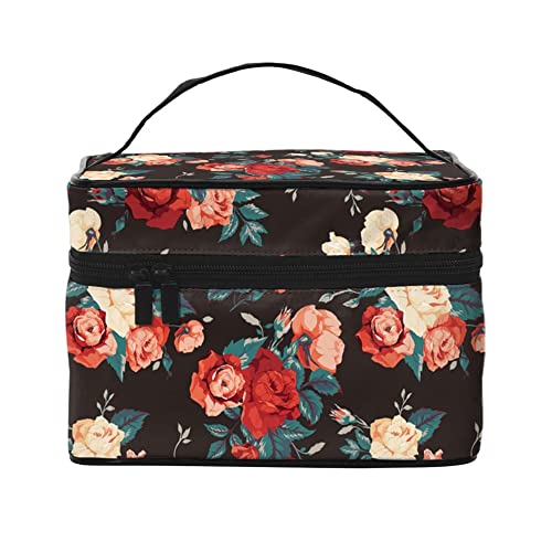 Kosmetiktasche Organizer Zucker Totenkopf Skelett Blumen Tragbare Künstler Aufbewahrungsbox Reise Make-up Tasche für Frauen Mädchen, Florale Rosen schwarz, Einheitsgröße von SJOAOAA