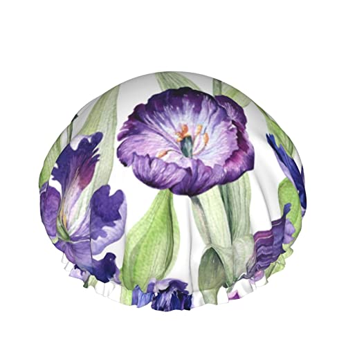 Lila Tulpe Blume Duschhaube Für Frauen Schichten Baden Dusche Wiederverwendbare Elastische Band Stretch Hem Haar Hut von SJOAOAA