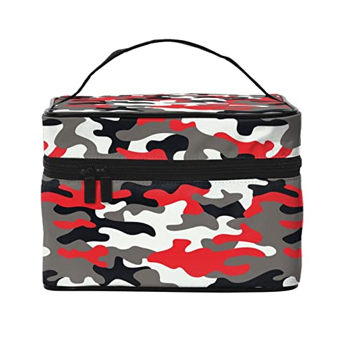 Make-up-Tasche, Reise-Kosmetiktasche für Frauen und Mädchen, große Make-up-Organizer-Tasche, tragbare Kulturtasche, rot kariert, Rot/Camouflage, Einheitsgröße von SJOAOAA