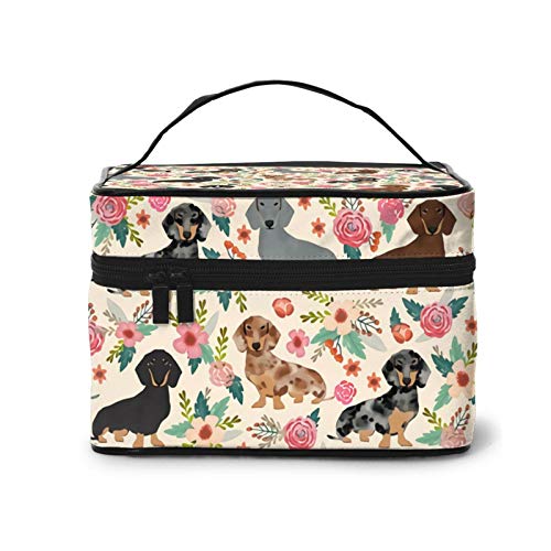 Make-up-Tasche für Hunde, mit rosa Blumen, große Kosmetiktasche für Damen, tragbare Reise-Kulturbeutel, Organizer, Dackel Dackel Dackel Hunde rosa Blumen Druck, Einheitsgröße von SJOAOAA