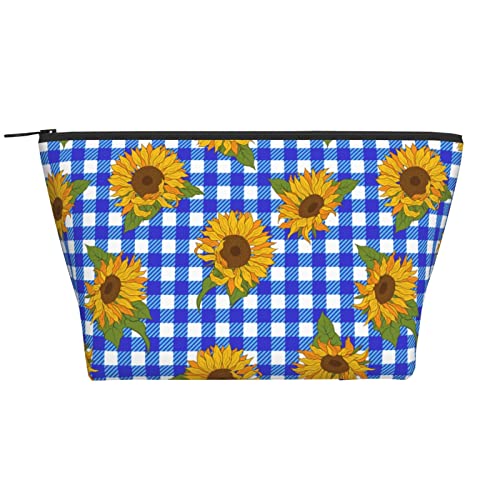 Make-up-Tasche mit Liebesherz-Motiv, für Frauen, Reisen, Kulturbeutel, Mädchen, Make-up-Organizer, tragbare Kosmetiktaschen, Urlaub, Make-up, Aufbewahrungskoffer, Sonnenblumenblau kariert 2, Einheitsgröße von SJOAOAA