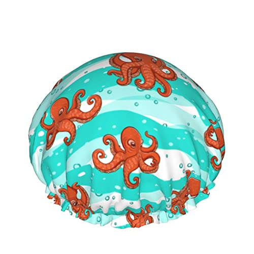 Orange Octopuses Duschhaube für Frauen, Schichten Baden Dusche Wiederverwendbares Gummiband Stretch Saum Haar Hut von SJOAOAA