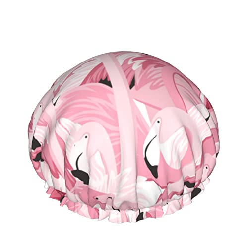 Pinker Flamingo-Duschhaube für Frauen, Schichten, Baden, Dusche, wiederverwendbar, elastisches Band, Stretch-Saum, Haarhut von SJOAOAA