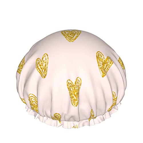 Polka Dot Golden Heart Pattern Duschhaube für Frauen, Schichten Baden Dusche Wiederverwendbares Gummiband Stretch Hem Haar Hut von SJOAOAA