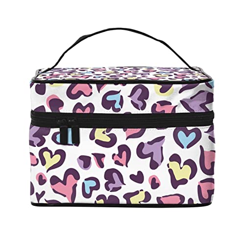 Regenbogen Schmetterling Reise Make-up Tasche für Frauen Große Kosmetiktaschen Tragbare Make-up Organizer Tasche Urlaub Kulturbeutel Mädchen Make-up Aufbewahrungskoffer, Herz Leopard, Einheitsgröße von SJOAOAA