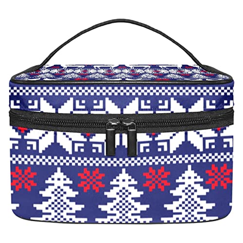 Reise-Make-up-Kosmetiktasche Aufbewahrungstasche Weihnachten Elch Hirsch Baum Blau Strickmuster Kosmetiktasche tragbar für Mädchen Frauen, Siehe Abbildung, Einheitsgröße von SJOAOAA