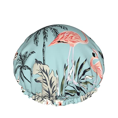 Rosa Flamingo und Leopard Duschhaube für Frauen, Schichten, Baden, Dusche, wiederverwendbar, elastisches Band, Stretch-Saum, Haarhut von SJOAOAA