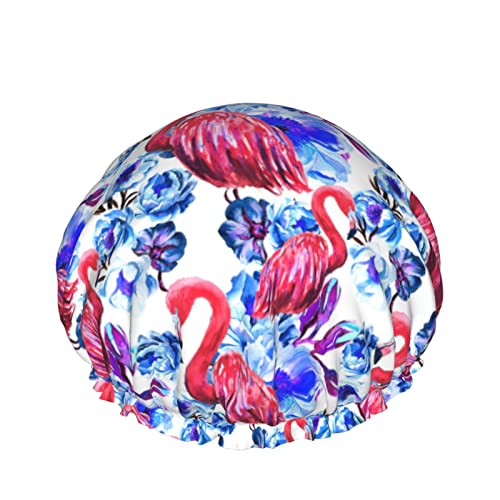 Roter Flamingo und blaue Blumen-Duschhaube für Frauen, Schichten, Baden, Dusche, wiederverwendbares elastisches Band, Stretch-Saum, Haarhut von SJOAOAA