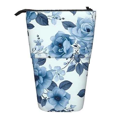 SJOAOAA Blaue Blume Stehendes Federmäppchen, niedliche Stifttasche, Teleskop-Schreibwaren-Beutel, Make-up-Kosmetiktasche für Frauen Büro, Schwarz , Einheitsgröße, Stehendes Federmäppchen von SJOAOAA