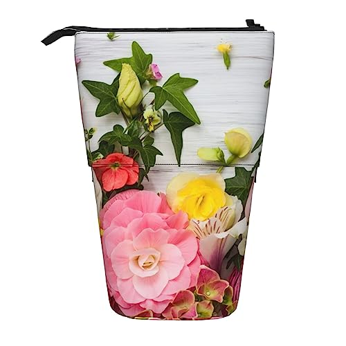 SJOAOAA Blumen auf Holz Bedrucktes Federmäppchen Stehen Bis Bleistift Beutel Teleskop Bleistift Halter Fall Schreibwaren Organizer Make-up Tasche mit Reißverschluss, Schwarz , Einheitsgröße, Stehendes von SJOAOAA