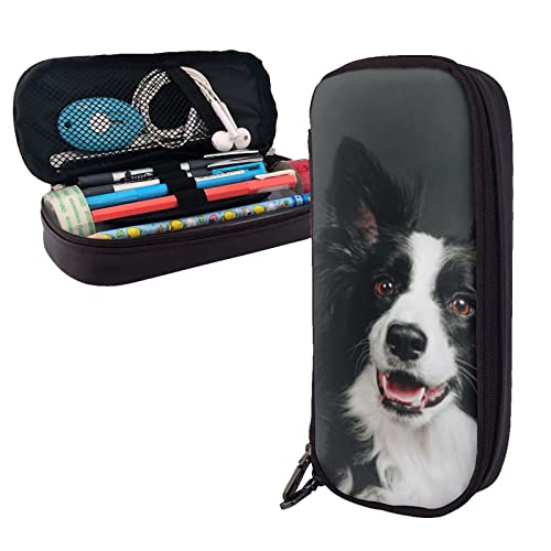 SJOAOAA Border Collie Smiles Happy Dog Leder-Federmäppchen, großes Fassungsvermögen, Stiftetasche, Schreibwaren-Organizer mit Reißverschluss, siehe abbildung, Einheitsgröße, Taschen-Organizer von SJOAOAA