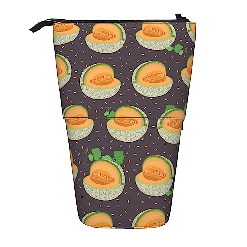 SJOAOAA Cartoon Cantaloupe Fruit Pattern Standing Pencil Case, Cute Pencil Pouch Large Capacity Pen Case Portable Pencil Bag for Women Men, Schwarz , Einheitsgröße, Stehendes Federmäppchen von SJOAOAA