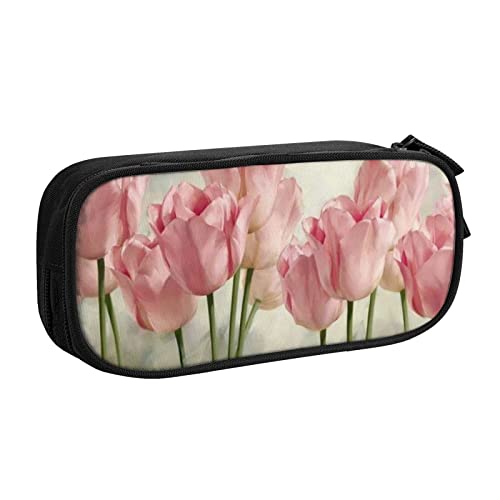 SJOAOAA Doppel-Federmäppchen, leuchtet im Dunkeln, großes Fassungsvermögen, mit Reißverschlussfach, Schreibwarentasche, großes Federmäppchen, Make-up-Tasche, Rosa Tulpen, Einheitsgröße, von SJOAOAA