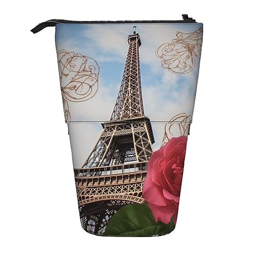 SJOAOAA Eiffelturm Rose Blume gedruckt Bleistift Fall Stand Up Bleistift Tasche Teleskop Bleistift Halter Fall Schreibwaren Organizer Make-up Tasche mit Reißverschluss, Eiffelturm Rose Blume, von SJOAOAA